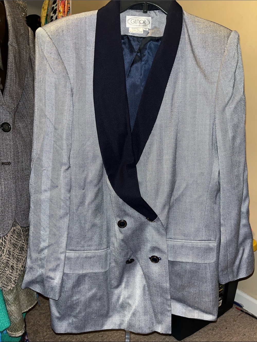 Women's Double-Breasted Blazer in Light Gray with Navy Shawl Collar